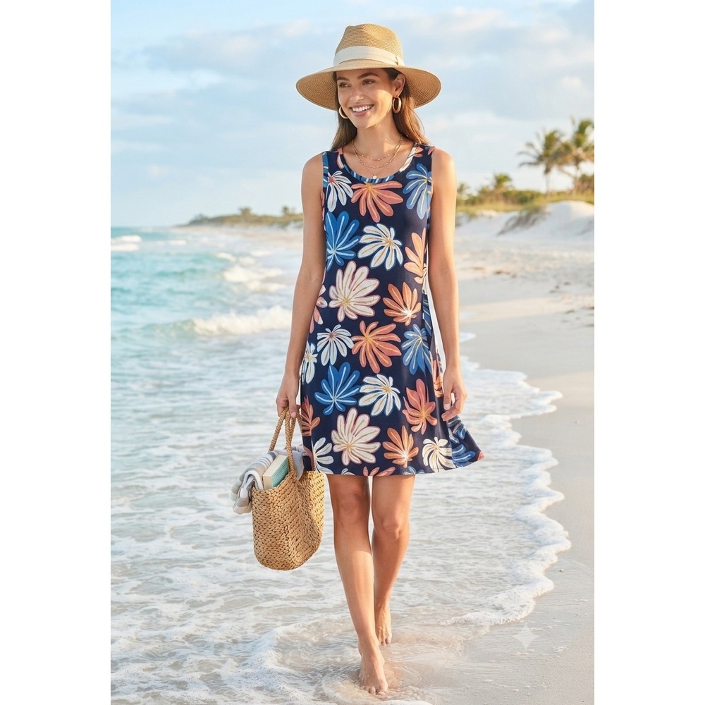 Loft Womens XL Tropical Leaf Print Sleeveless Swing Dress‎ Navy Blue New